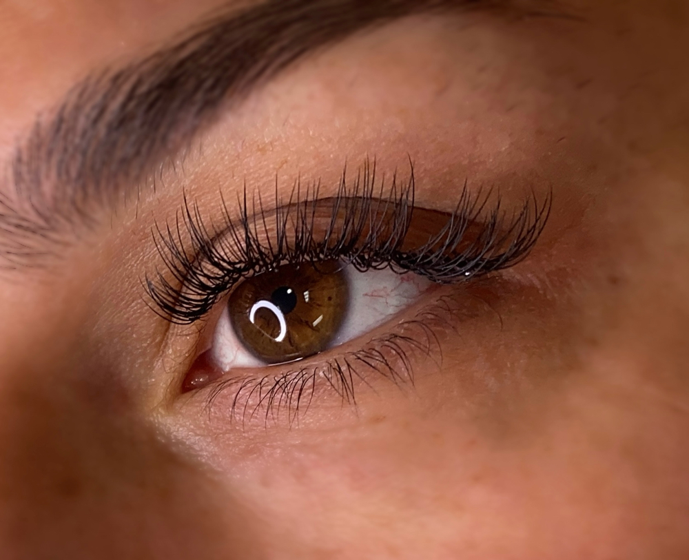 A close-up of a womans eye, showing off her new classic lash extensions.