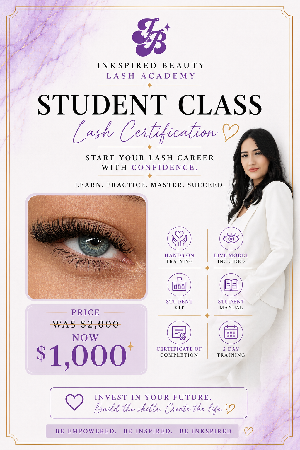 Inkspired Beauty Lash Academy student certification course flyer showing pricing and included features