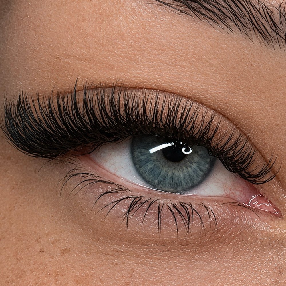 A close-up of a womans eye, showing off her new y-lash extensions.