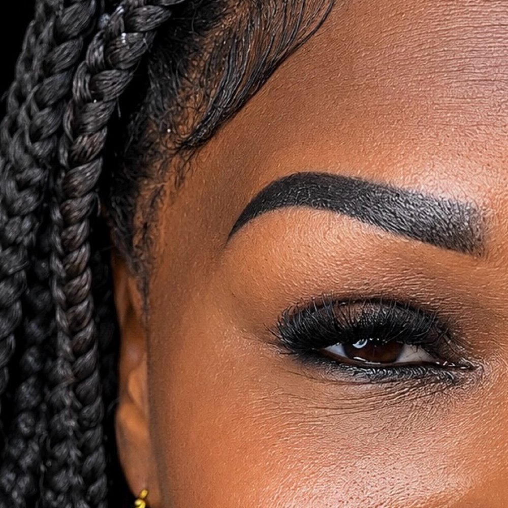 A woman laying down, looking into the camera, showing off her newly done powder brow tattoo.