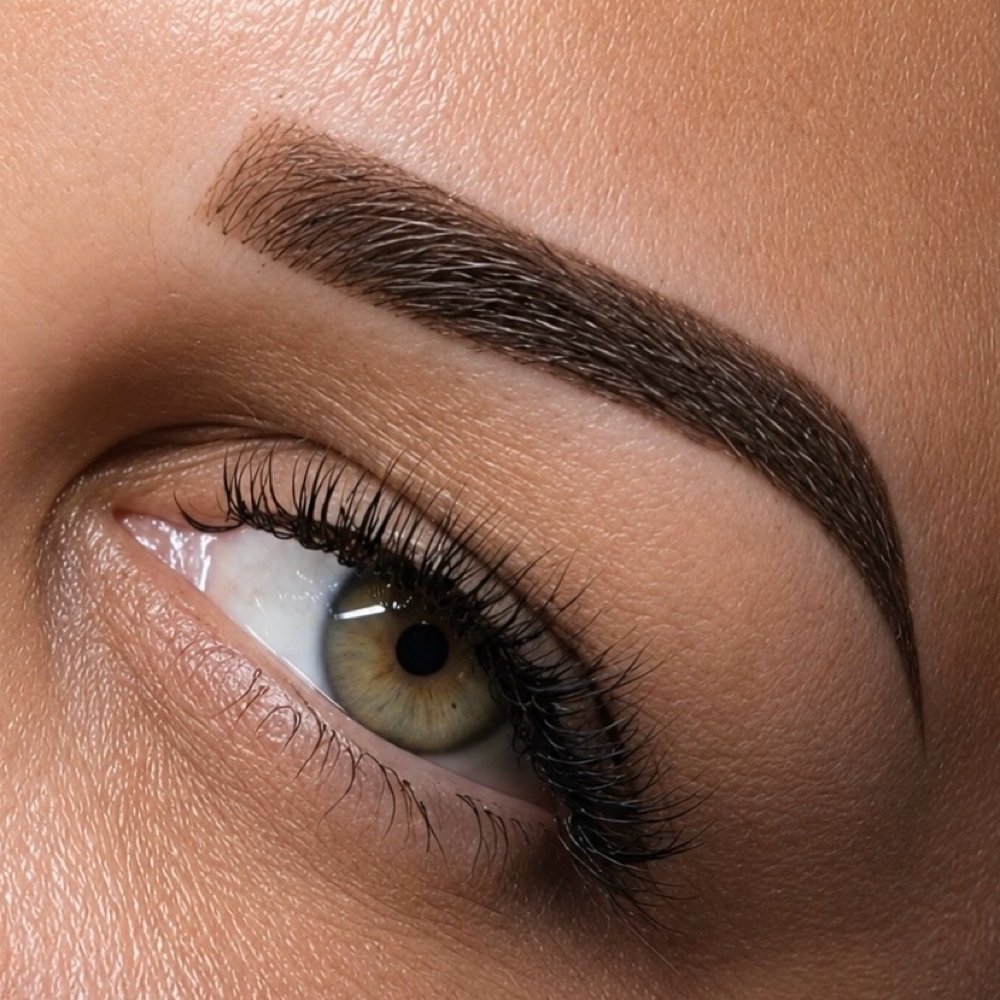 A woman laying down, looking into the camera, showing off her newly done ombre brow tattoo.